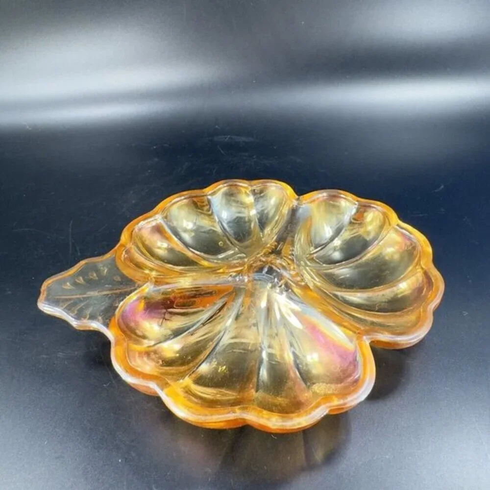 Vintage Carnival Glass Shamrock Dish‎ Divided Relish Iridescent Finish Tray Dish